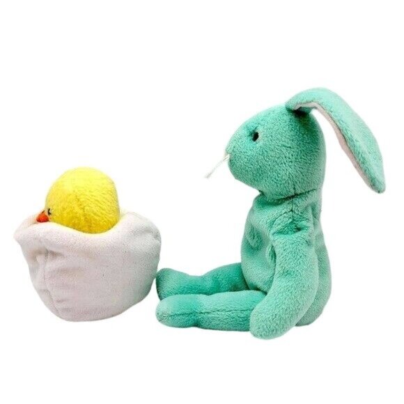 Ty Beanie Babies Hippity Eggbert Plush Yellow Chick Egg Green Bunny Easter VTG - Picture 4 of 12